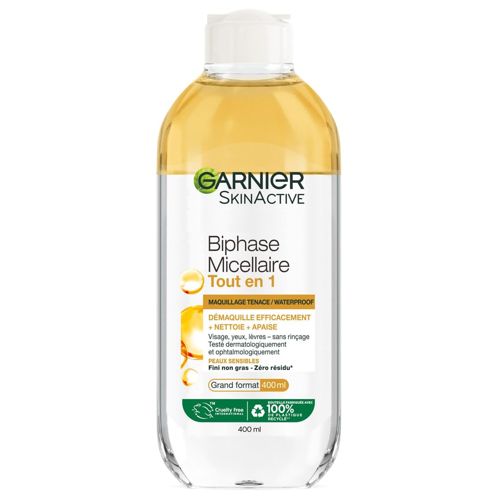 GARNIER Skin Active Biphase Micellaire Nettoyeur Démaquillant Apaisant pour Visage Yeux et Lèvres 400ml[Vegan & Cruelty 